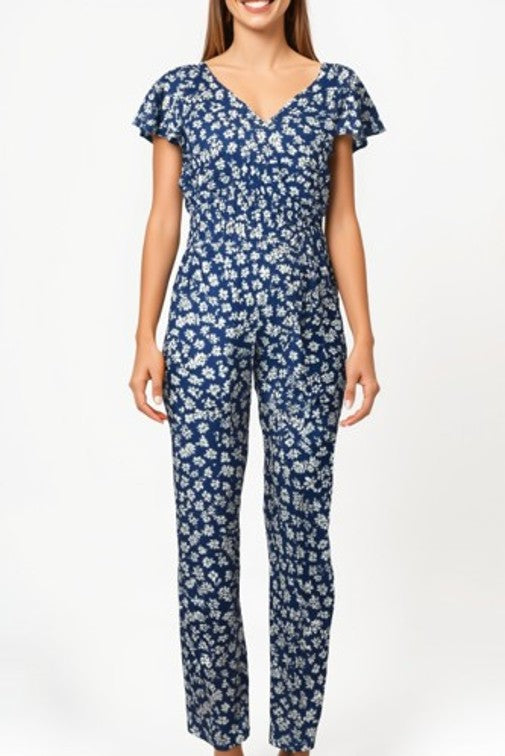 Women's floral print jumpsuit in blue with short sleeves and shirred waist